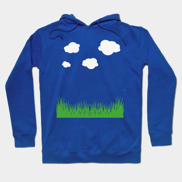 cloud and grass, white clouds green grass blue tee, sky t-shirt, blue sky cloud and grass, retro 8-bit clouds Hoodie by OurCCDesign